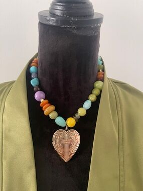 Anthropology Multicolor Beaded Necklace with Heart Locket
